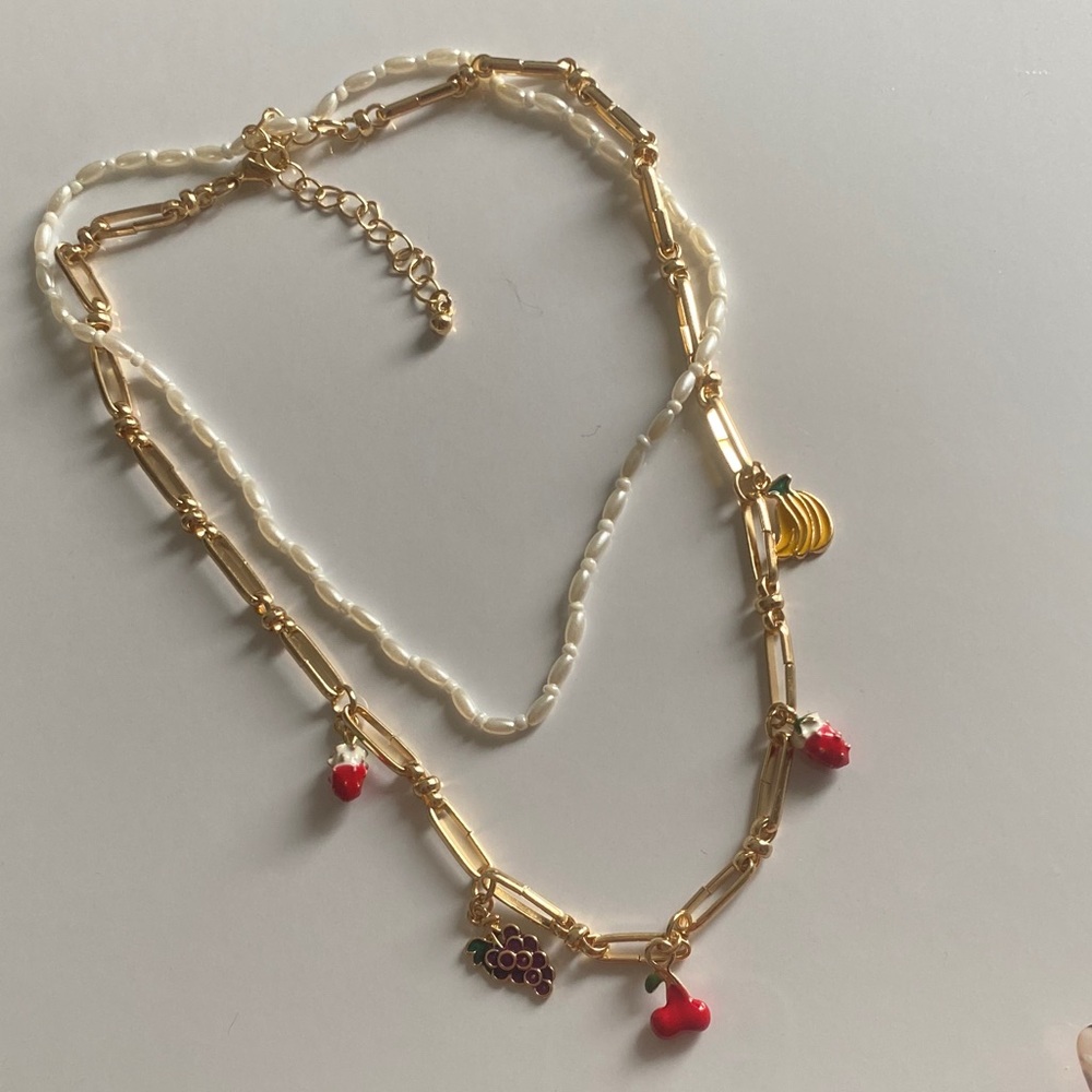 NWOT urban outfitters Gold and pearl fruit Charm Necklace strawberry cherry
